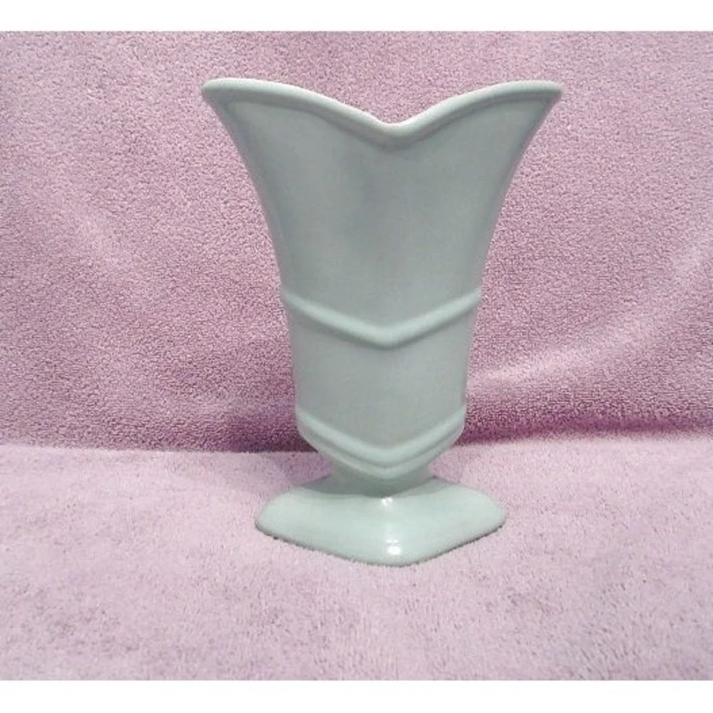 Vintage 1930s Pacific Pottery Vase Aqua Flared Rim Art Deco MCM Chevron USA Made